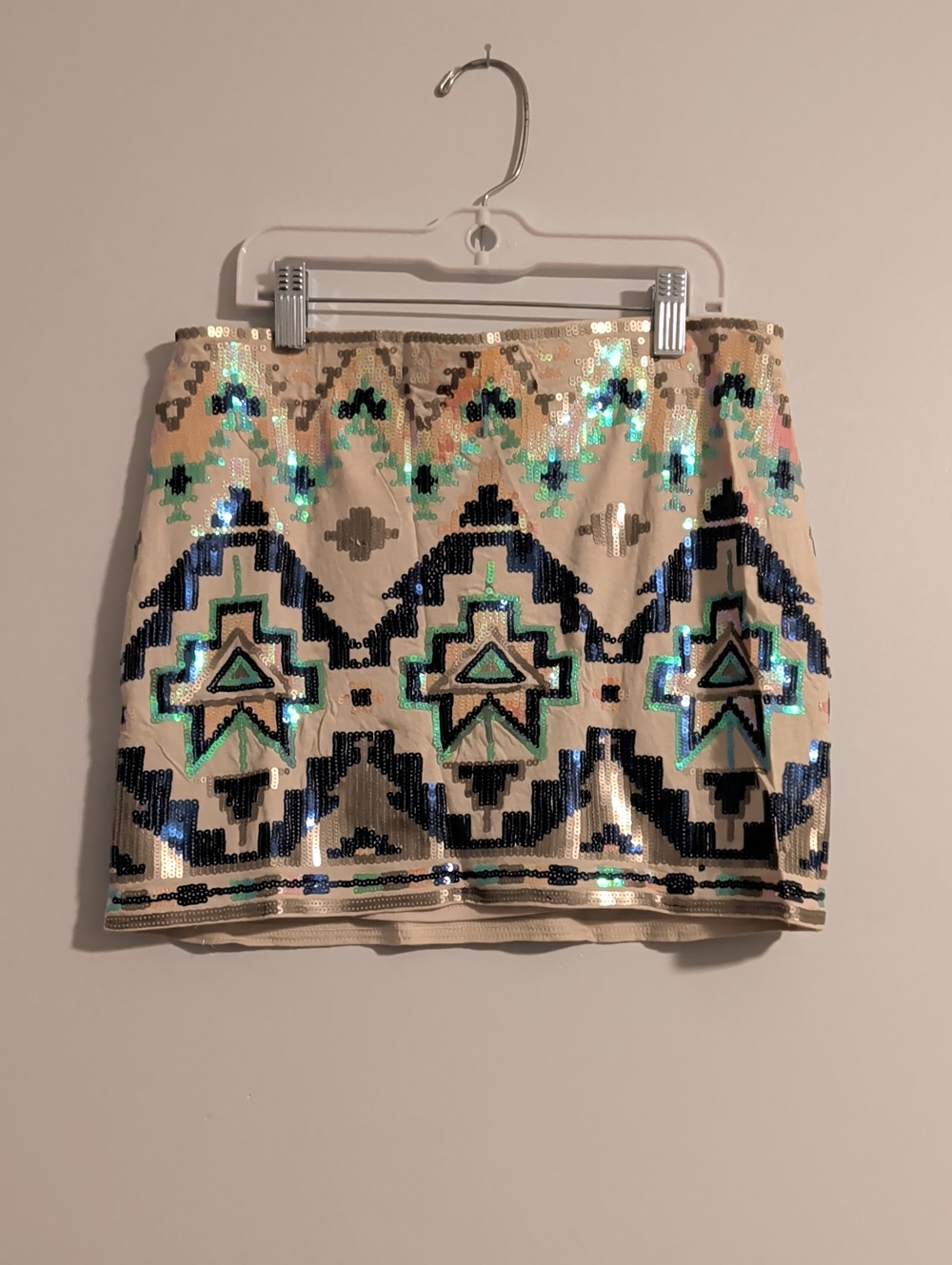 Express Sequin Aztec Mini Skirt - Cream, Black & Blue-Green